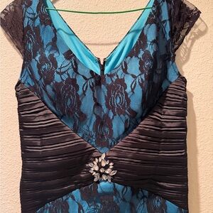 Teal & Black Lace Cocktail Dress with Jewel Accent